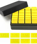 Pro Level 28 Piece Woodworking Setup Blocks With Precision Spacer Gauges For Table Saws And Routers Includes Heavy Duty Storage Crate with yellow gauges.