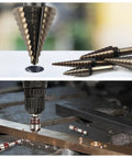 Ten Bit Set With Five Step Drill Bits And Five Countersink Bits For Metal Titanium Coated In A Heavy Duty Aluminum Case Replacing Fifty Sizes Of Step Bits For DIY Projects Rocaris, showing step bits drilling into metal and case display.