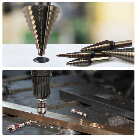 Ten Bit Set With Five Step Drill Bits And Five Countersink Bits For Metal Titanium Coated In A Heavy Duty Aluminum Case Replacing Fifty Sizes Of Step Bits For DIY Projects Rocaris, showing step bits drilling into metal and case display.
