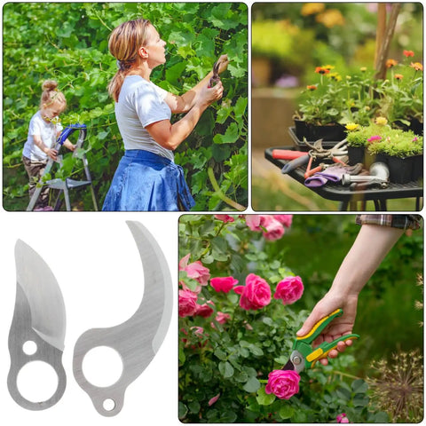 Heavy Duty Replacement Blades For Electric Pruning Shears, Four Piece Carbon Steel Pruner Knife Set, displayed with pruning in a garden.