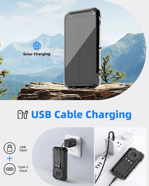 On The Go Solar Power Bank 20000mAh With 15W Wireless Fast Charge Three Built In Cables And USB Ports And Dual Flashlights charging outdoors