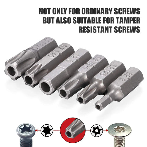 Close-up of S2 steel tamper resistant bits from 214 Piece Screwdriver Bit Set In S2 Steel With Quick Release Extension And Pro Grade Durable Case