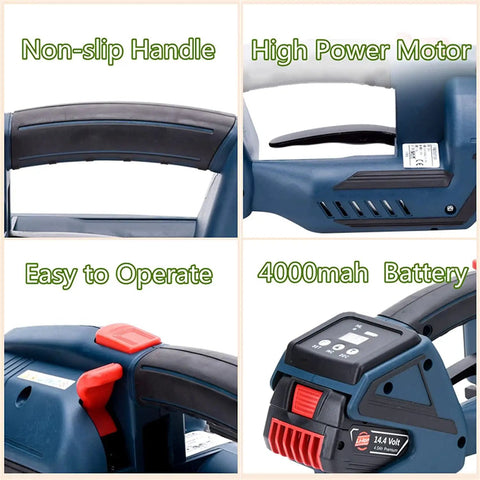 Slick Rechargeable Handheld Strapping Tool For Automatic Heat Sealing Pp Pet Banding Machine No Clip Packing Sealer features non-slip handle and 4000mah battery.