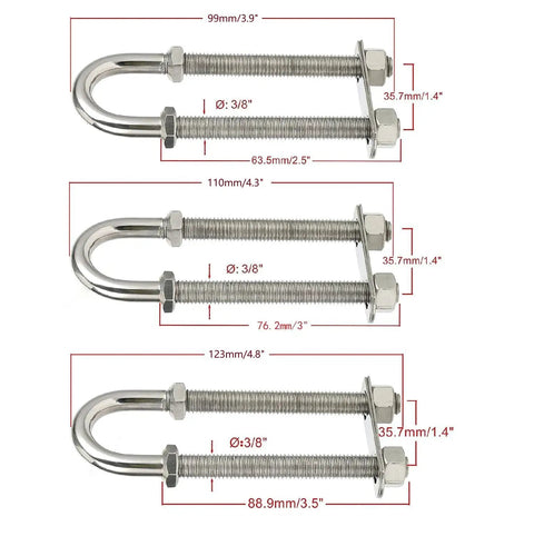 Two Pack Three Eighth Inch Stainless Steel Bow Eye U Bolt For Boat Tie Down Stern Attachment With Adjustable Nuts Heavy Duty