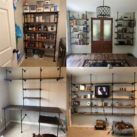 Heavy Duty Industrial Iron Pipe Shelf Brackets Set Two Pack Five Tier Open Bookshelf System 70 Inch Tall 12 Inch Deep Rustic Black Diy Wall Mount Shelving Hardware For Home Kitchen Office Built To Last installed in various rooms.