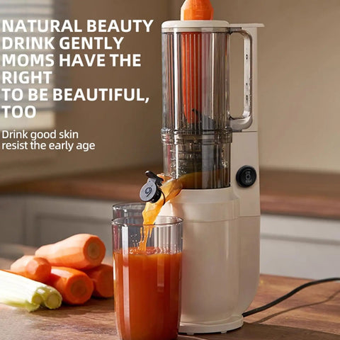 Aynefy 200W Cold Press Juicer With Wide Feed Chute For Whole Fruits pouring fresh juice into a glass, showcasing its masticating design.