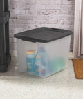 Heavy Duty Clear Plastic Storage Bins 50 Quart Stackable Totes With Secure Latches For Home Garage Organization 24 Pack, stored items visible.