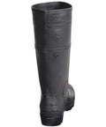 Badass Black Men's Waterproof PVC Work Boots With A Cozy Over The Sock Fit Seamless Polyblend Shield Keeps Out Chemicals And Dirt For Heavy Duty Outdoor Grinds showing the back view of a sturdy black boot.
