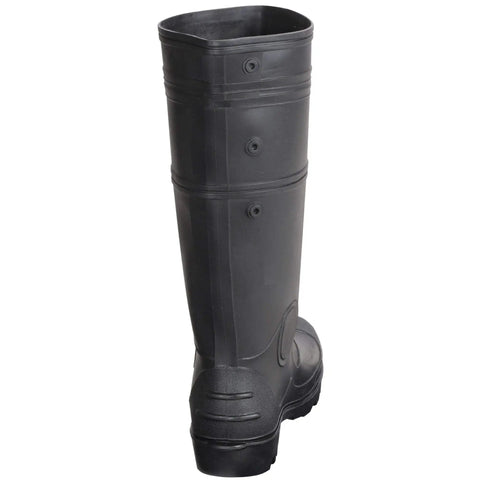 Badass Black Men's Waterproof PVC Work Boots With A Cozy Over The Sock Fit Seamless Polyblend Shield Keeps Out Chemicals And Dirt For Heavy Duty Outdoor Grinds showing the back view of a sturdy black boot.