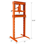 Solid Hydraulic Shop Press With Adjustable Table And Steel Plates 12 Ton Capacity Floor Mount H Frame Garage Powerhouse side view showing height and size.