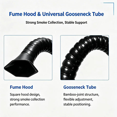 Fume Hood and universal gooseneck tube for Heavy Lift Dual Station Solder Fume Extractor, strong smoke collection design.
