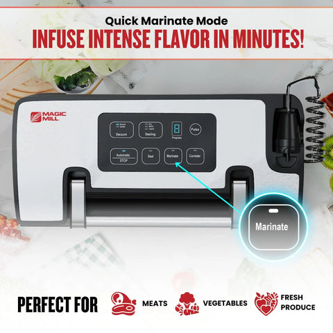Heavy Duty Vacuum Sealer Machine Packing 90Kpa Suction And Double Seal To Keep Your Groceries Farm Fresh Built In Cutting Blade And Removable Drip Tray A Total Game Changer For Meat Soups Snacks control panel with marinate button.