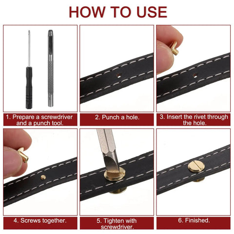 Step-by-step instructions showing how to use Real Gritty Chicago Screw Rivets 50 Pack M5 X 4mm for leather crafting.
