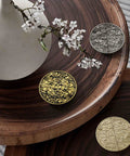 Antique Half Moon Cabinet Pulls 2 Pack In Gold Semicircle Zinc Alloy Drawer Handles with Chinese Pattern on Wood Table