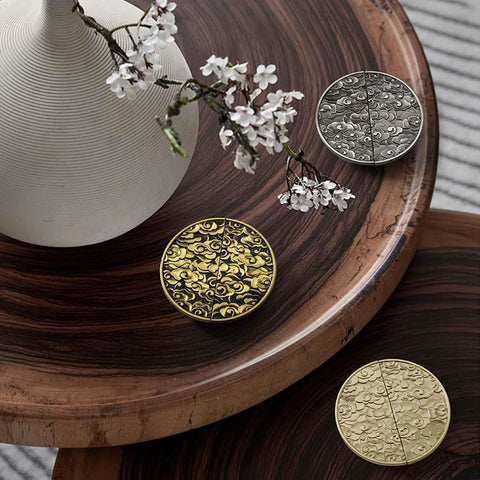 Antique Half Moon Cabinet Pulls 2 Pack In Gold Semicircle Zinc Alloy Drawer Handles with Chinese Pattern on Wood Table