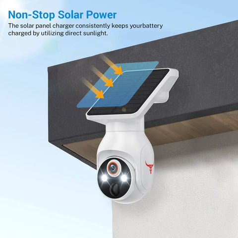 No Brainer Solar Powered Wireless Security Camera With 1080p HD, AI Human Detection, mounted outdoors with solar panel