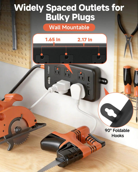 Outdoor Waterproof Power Strip IPX6 with Six Outlets and Four USB Ports wall-mounted in garage with power tools