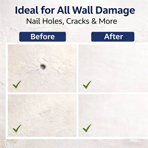 Upgraded Wall Repair Paste With Scraper Quick Drying Wall Patch For Holes And Cracks Waterproof Drywall Repair Kit shown in before and after use on wall.