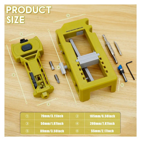 Heavy Duty Door Hinge Routing Template Fits Three To Five Inch Hardware For One Point Three Eighths Inch Or Three Quarters Inch Thick Boards on a wooden surface with measurement markings.