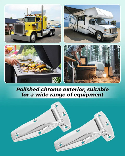 Two Pack Heavy Duty Chrome Zinc Alloy R V Door Hinges For Travel Trailers And Fifth Wheel Campers Plus Walk In Refrigeration Cooler Mounts And Bbq Grill Smocer Hardware Kit Wit Complete Bolt Set Inclued with polished chrome finish.