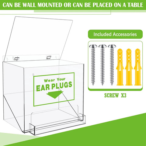 Green Ear Plug Dispenser With Cover And Front Pocket, Clear Acrylic Organizer for Table or Wall Mount with screws, 12x13x8 inches
