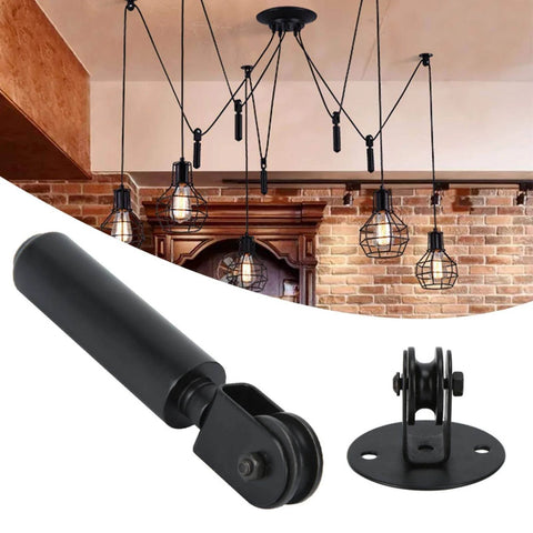 Chandelier Pulley Lighting Kit With Black Iron Wheel Bearing Rod For Easy Pendant Lifts And Swag Lamp Installations shown in use