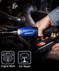 Cordless Ratchet Wrench Combo Kit With Three Eighths Inch And Quarter Inch Heads Forty Five Foot Pounds And Thirty Foot Pounds Torque 240 RPM All In One Pro Grade Electric Ratchet Set Includes One Li Ion Battery And Charger Canvas Bag For Auto Repairs being used by a mechanic on engine work in a car repair setting