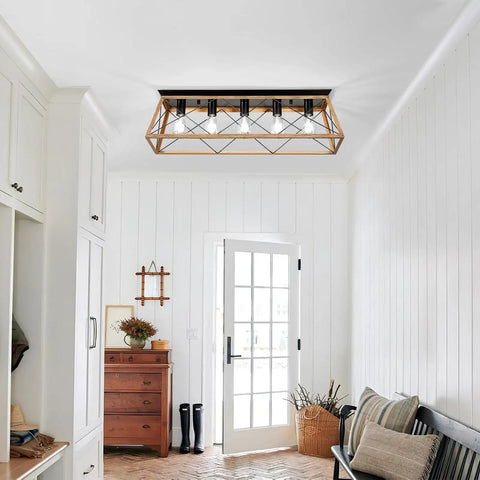 31.5 Inch Flush Mount Five Light Vintage Industrial Cage Chandelier installed in a white room, close to ceiling with walnut finish.