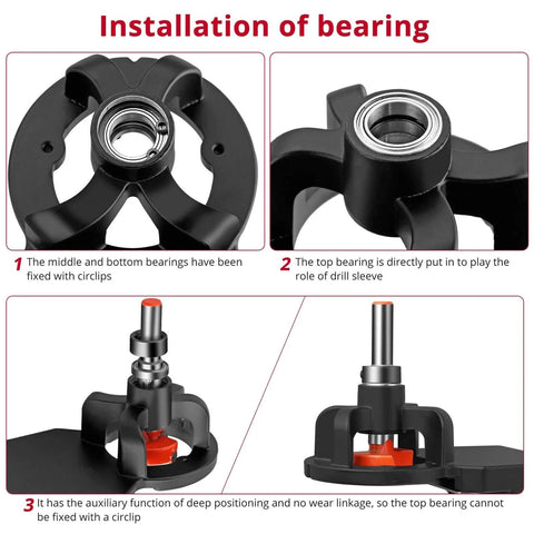Installation of bearing process for 35mm Concealed Door Hinge Jig with Pro Grade Aluminum Frame and Adjustable Double Clamping Plates.