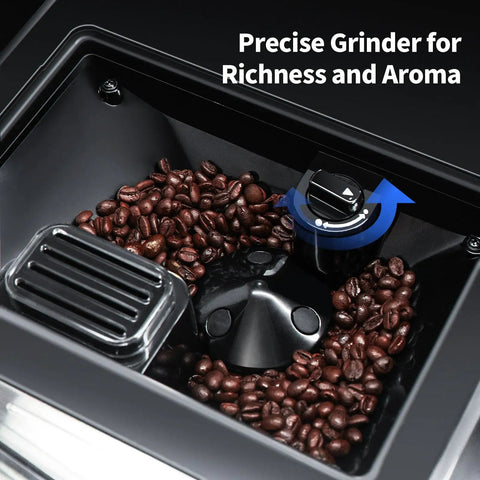 Fully Automatic Espresso Machine With Built In Adjustable Grinder And Auto Milk Frother Seven One Touch Brew Presets coffee beans in grinder compartment