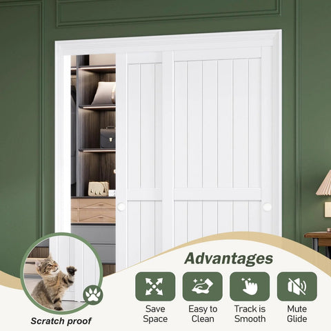 Sliding Closet Doors 60x80 Inches With White Bypass Barn Door Hardware Kit for Bedroom and Laundry Room shown installed