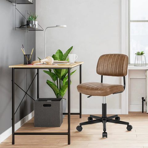 Slick Armless Desk Chair With Easy Glide Wheels, Top Tier PU Leather Task Seat Featuring Low Back Cushioning And Hella Smooth Height Adjustment For Rock Solid Rolling Home Office Setup For Teens And Adults