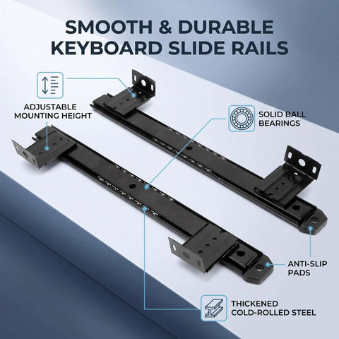 Level Up Your Workstation Game With This Sweet 2 Pack 14 Inch Keyboard Slide Drawer Rails Crafted From Heavy Cold Rolled Steel Providing Silky Smooth Ball Bearings For Effortless Height Tweaks And Ridiculous Comfort In Classic Black, showcasing durable adjustable slide rails with solid ball bearings.