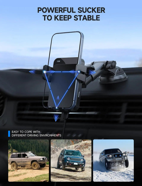 Wireless Car Charger 15W Auto Clamping With 360 Degree Rotating Phone Holder on dashboard during off-road drive