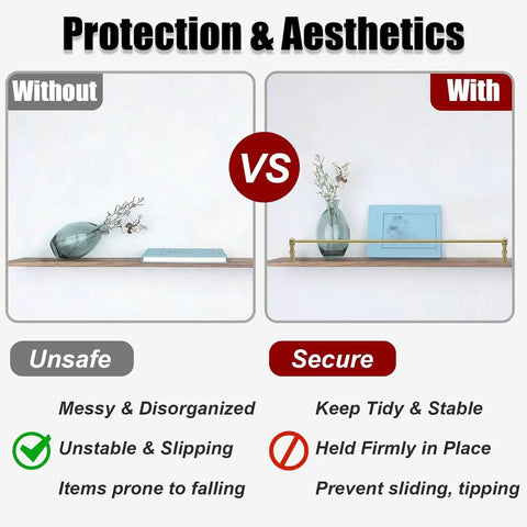 Comparison of shelf with and without Two Pack 24 Inch Metal Shelf Rails For Wood Shelves And Cabinets, highlighting stability.