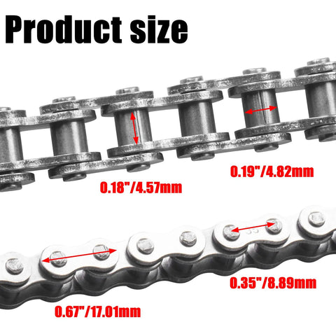 Close-up of 35 Roller Chain 140 Link Plus Chain Breaker Kit Pro Grade Heavy Duty with size dimensions in millimeters.