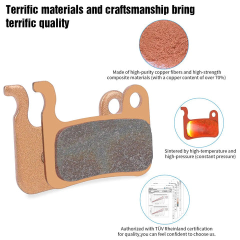 Close-up of Two Pairs Sintered Metal Disc Brake Pads for Ebike MTB and Scooter, copper fibers visible, showcasing quality craftsmanship.