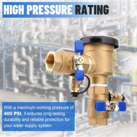 Brass 3/4-inch pressure vacuum breaker assembly with blue lever handles for irrigation systems