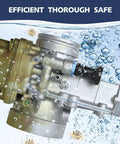 Close-up of carburetor in water with bubbles, text 'Efficient Thorough Safe', related to Concentrated Ultrasonic Cleaner Solution