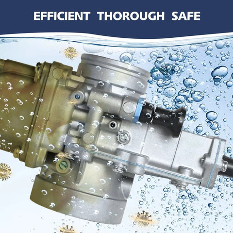 Close-up of carburetor in water with bubbles, text 'Efficient Thorough Safe', related to Concentrated Ultrasonic Cleaner Solution