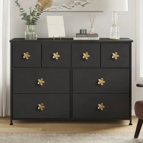 8 Pack 2.4 Inch Brushed Gold Flower Cabinet Knobs With Three Screw Sizes, Vintage Floral Drawer Pulls, installed on black dresser