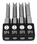 Rock Solid Spanner Drive Screwdriver Bit Set Featuring Sp4 Sp6 Sp8 Sp10 Sizes in chrome vanadium steel with quick release hex shank.
