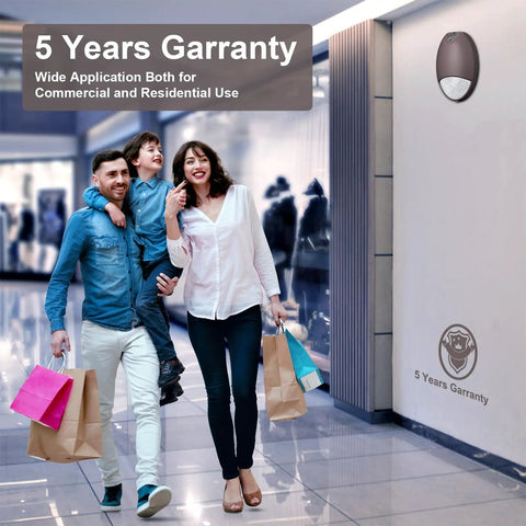 Family walking under Outdoor LED Emergency Light With Battery Backup Photocell Sensor Self Test Diagnostics Aluminum Exterior Waterproof Commercial Wall Pack Emergency Lighting Fixture 120 277 VAC UL Certified 1 Pack Built Tough For Harsh Outdoor Use.
