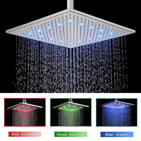 12 Inch LED Square Showerhead Kit With Handheld Spray, High Pressure Rain System, LED lights in red, green, and blue, brushed nickel