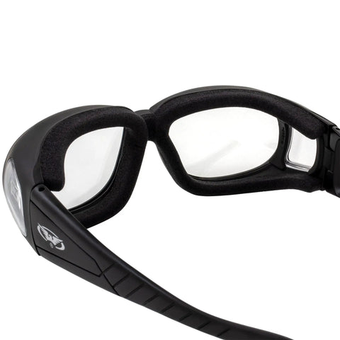 Over Glasses Motorcycle Safety Sunglasses 2 Pack Smoke And Clear Lenses For Day And Night Use Ride Ready Meets ANSI Z87 1 close-up view