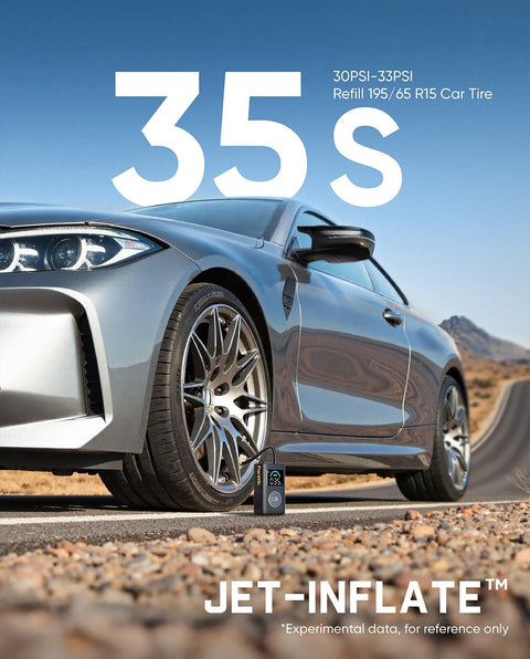 Silver car beside X10 Pro Portable Tire Inflator With No Fuss 35 Second Jet Inflation 150 Psi Cordless Air Pump, desert road.
