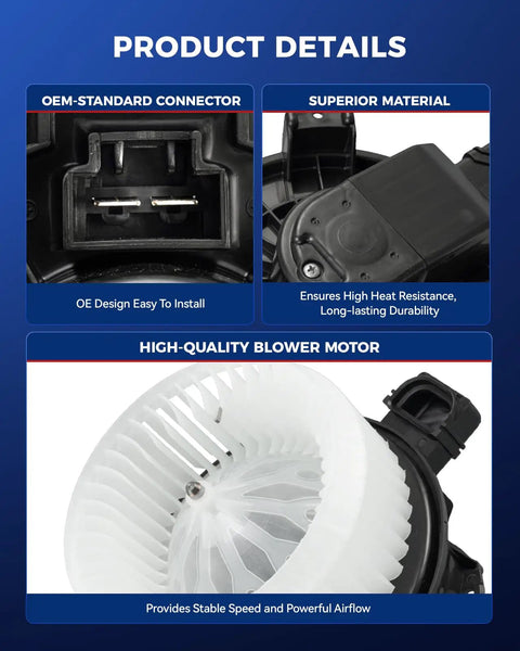 Ready To Roll Ac Heater Blower Motor For Dodge Ram ProMaster 1500 2500 3500 2014 2025 3.6L 3.0T, featuring OEM-standard connector and blower motor details.