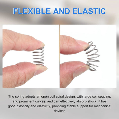 Front and side views of a silver stainless steel compression spring held between fingers.