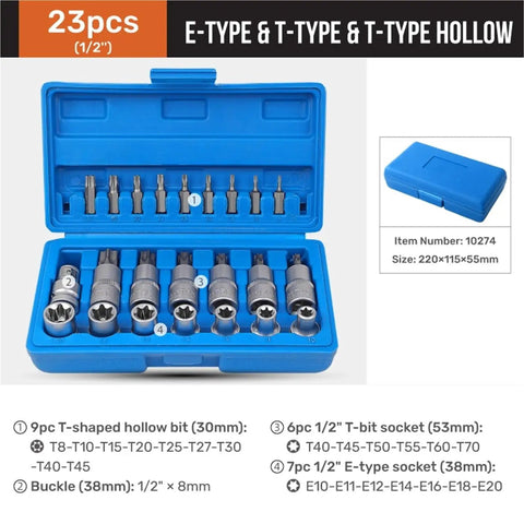 Top Tier Hjkltopu E Type Spline Socket Set With Hollow Hex Bits For Auto Repair 1/4 3/8 1/2 Inch Drive 25mm To 55mm Size Combo Kit Made Tough For Garage Work, blue 23pc case