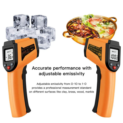 Non-Contact Infrared Temperature Gun For Quick Temp Readings, -50 C To 400 C, -58 F To 752 F, Handy IR Thermometer For Industrial Use, Kitchen, Ovens, Grilling, Auto Repair, Home DIY, Orange, with adjustable emissivity